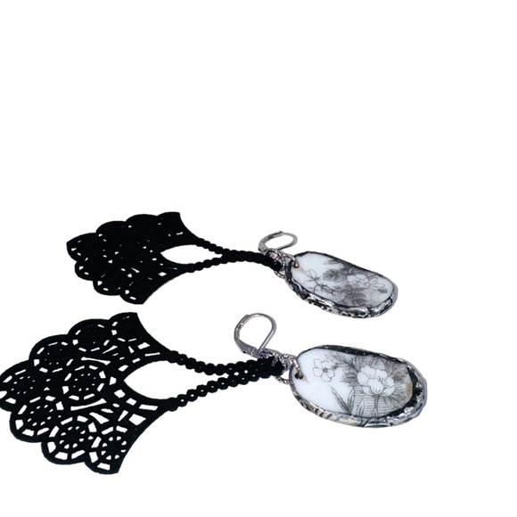 Broken China Chandelier Earrings Artisan Brutalist Glam Bezels & Faux Leather - Picture 9 of 15